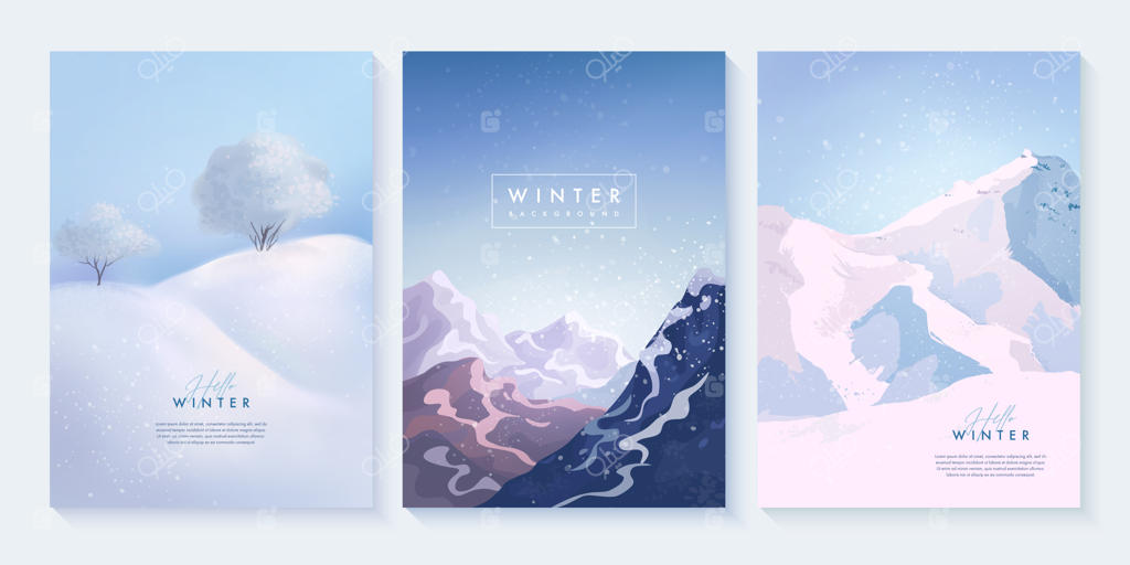 مجموعه‌ای از منظره زمستانی با توده‌های برف، کوه‌ها و درختان