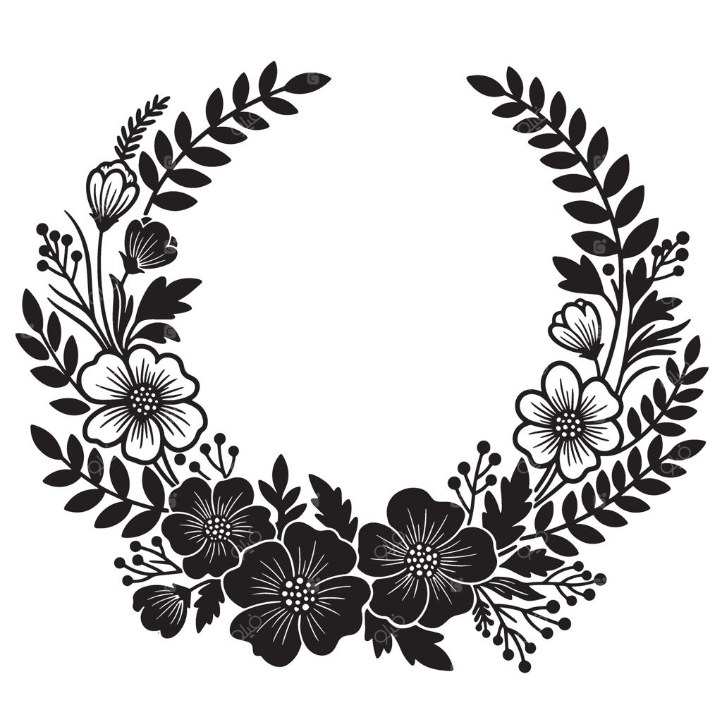 تاج گل سیاه و سفید شیک با گل‌ها و برگ‌های استایل شده، مناسب برای طراحی‌های دکوری و تزیینات.