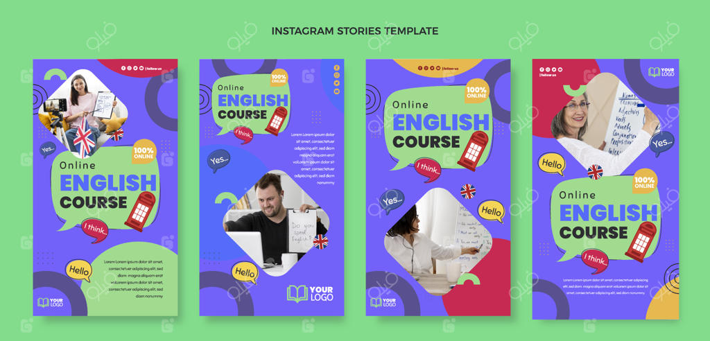 آموزش زبان انگلیسی با طراحی تخت برای استوری‌های اینستاگرام