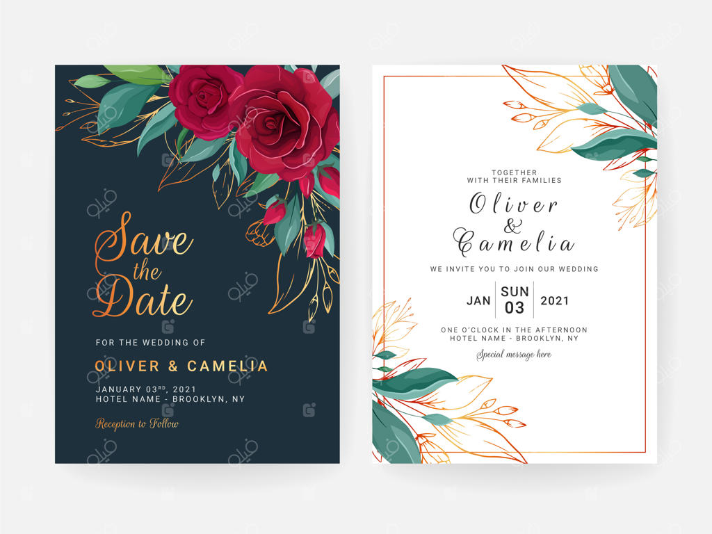 مجموعه کارت با حاشیه گلدار: طرح کارت دعوت عروسی آبی نفتی با گل‌های رز قرمز و برگ‌های طلایی