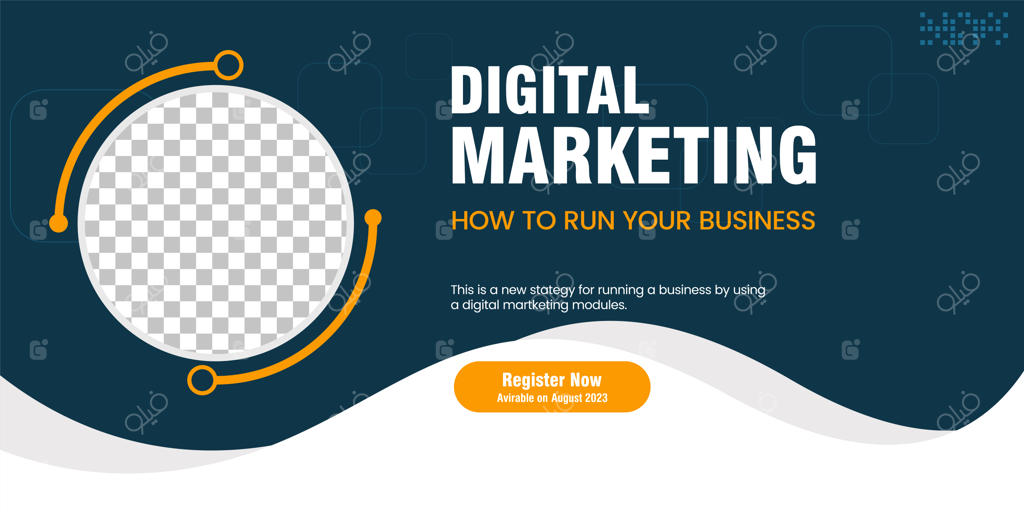 طراحی قالب بنر افقی انتزاعی آبی تیره برای وبینار تجاری و بازار دیجیتال