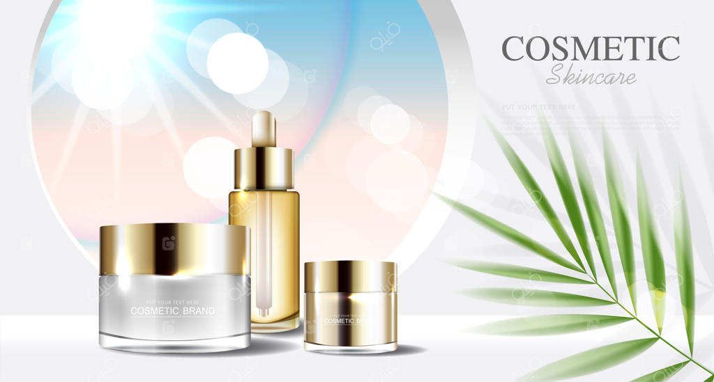 آگهی محصولات آرایشی یا مراقبت از پوست با زمینه آبی بطری و برگ‌های استوایی وکتور