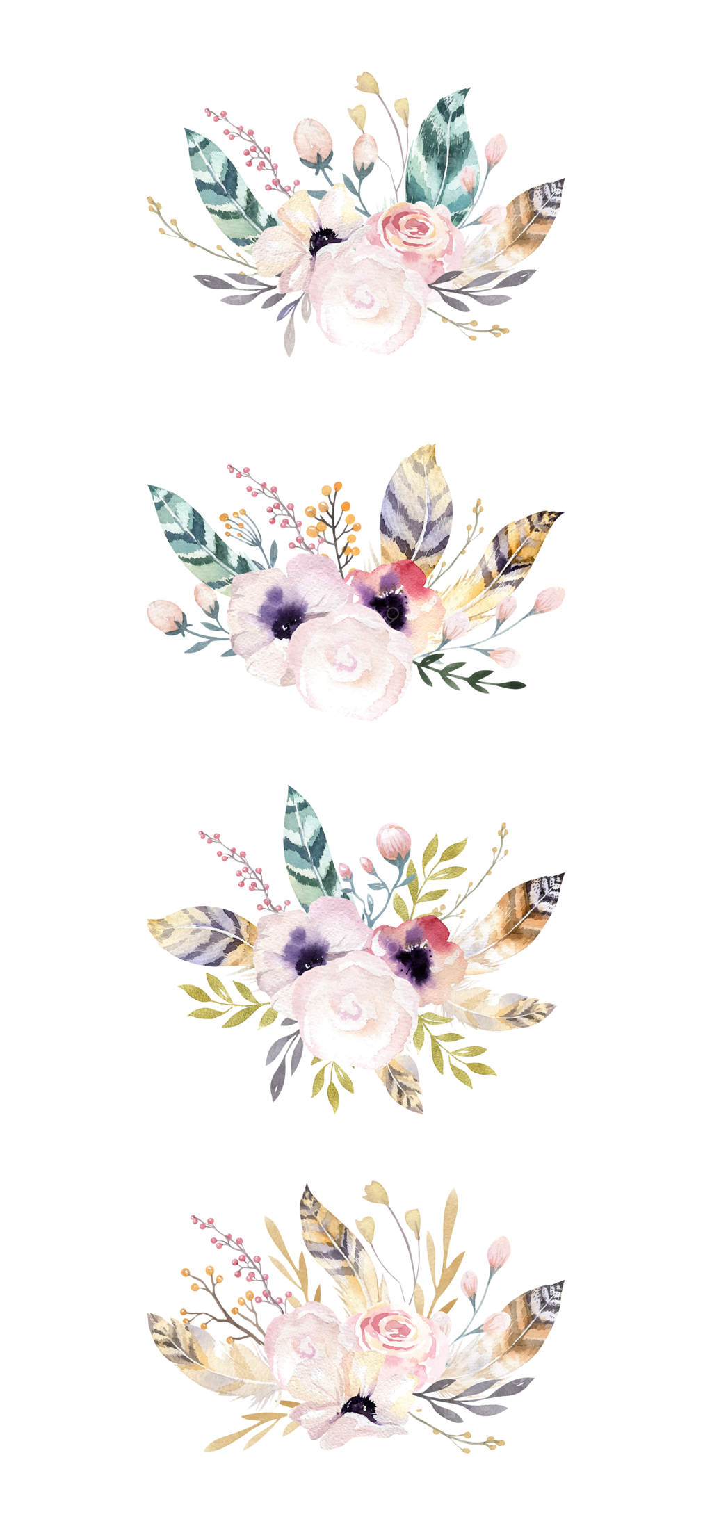 دسته گل شیک آبرنگی با گل‌های رز، پرنده‌ها و عنصرهای گیاهی - اثر وکتور دستی