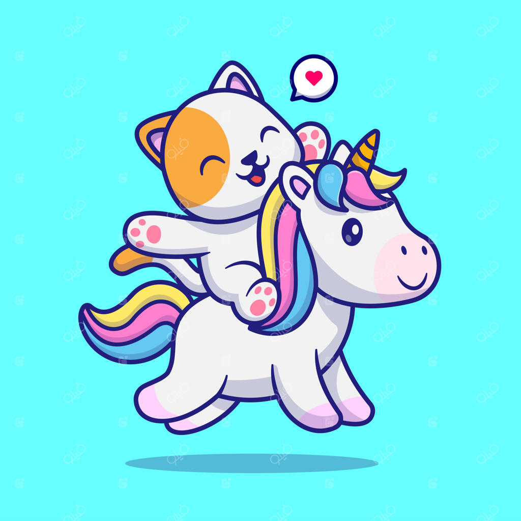 تصویر بامزه گربه در حال بازی با تک‌شاخ - آیکون کارتونی محیطی و حیوانات