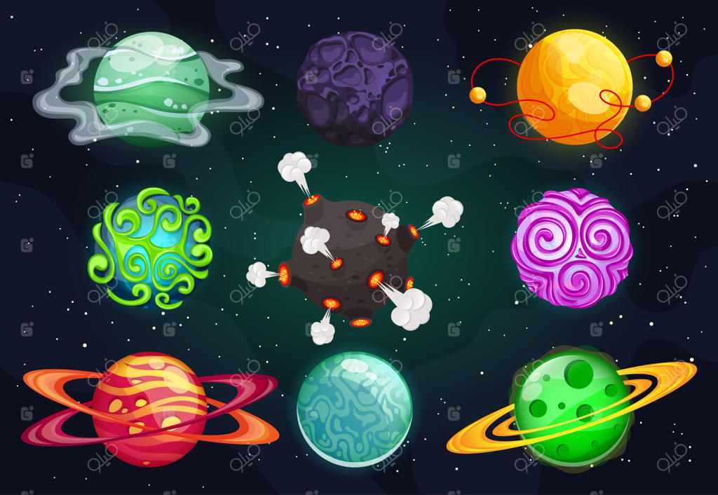 مجموعه‌ای از سیارات کارتونی: اشیاء رنگارنگ و مجزا. عناصر کیهانی برای طراحی بازی شامل آتش، برف، مکانیکی و کریستال‌ها. سیارات فانتزی