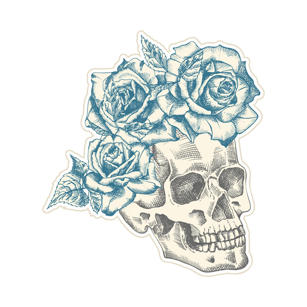 استیکر وینتیج جمجمه انسان با تاج گل‌های رز. هنر کلاژ سبک زین. مفهوم هیپستر آرایشگاه. طراحی تتو و تی‌شرت. طرح دستی و واقع‌گرایانه جمجمه.