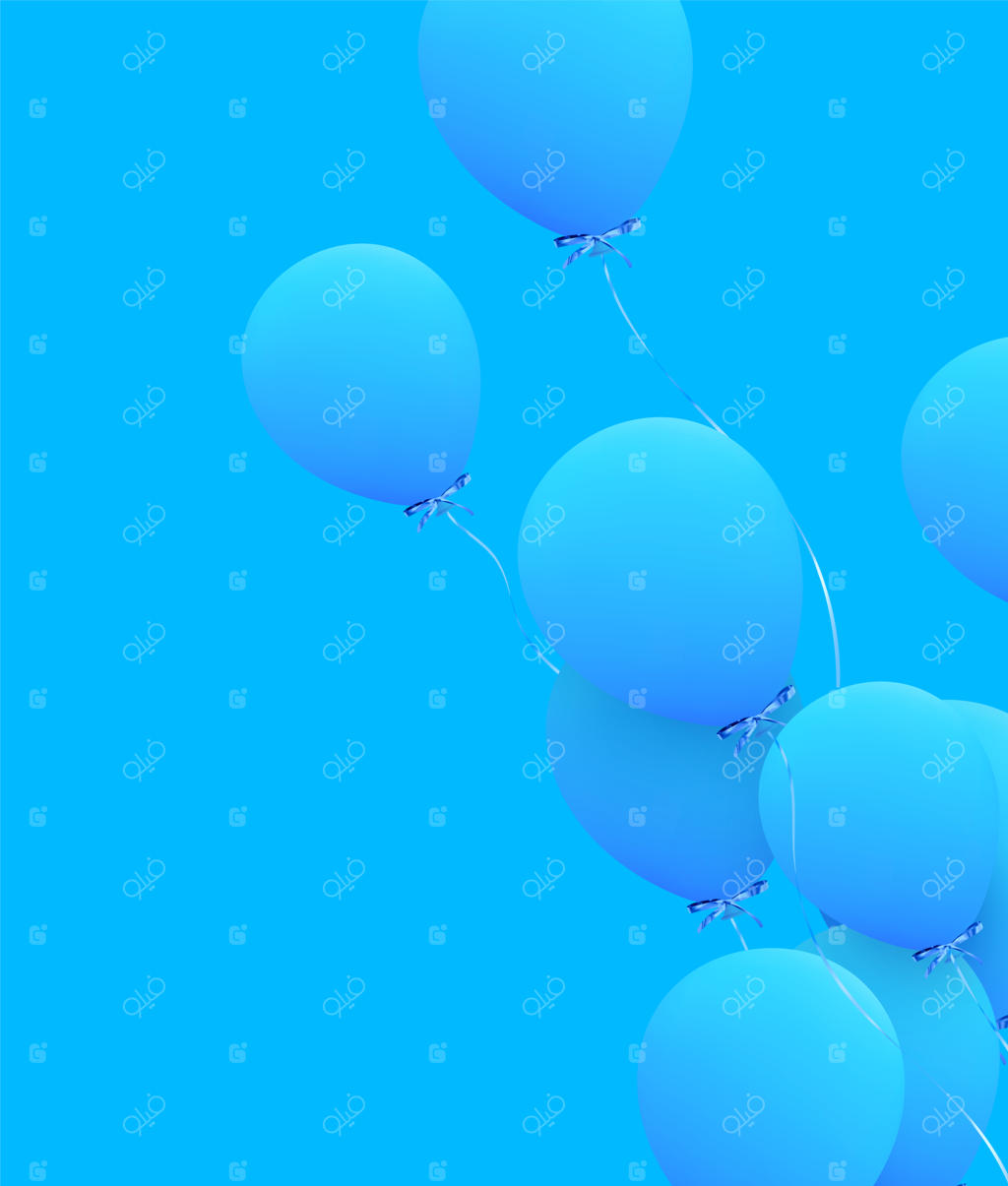 پس‌زمینه شاد با بادکنک‌های هلیومی. جشن تولد، پوستر، بنر سالگرد خوش. عناصر تزئینی واقعی. بادکنک سه‌بعدی با روبان آبی.