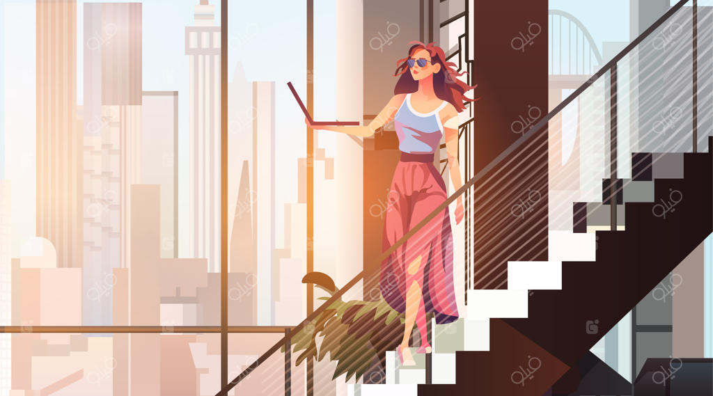 تاجر زن با لپ‌تاپ در پلکان دفتر کار مدرن و باز برای فعالیت شرکتی یا فریلنسری