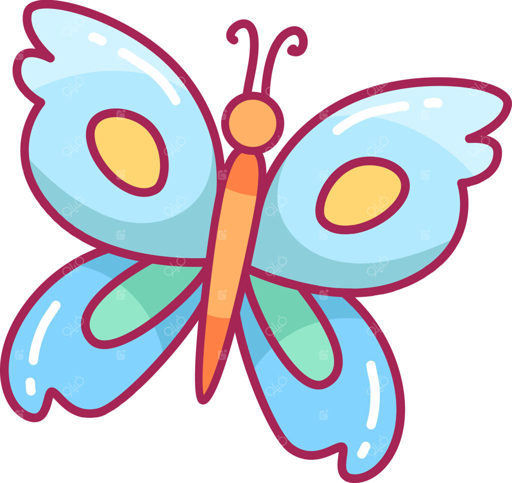 یک پروانه‌ی زیبا، بال‌های آبی خیره‌کننده‌اش را با تزئینات زرد ملایم و بدنی نارنجی به نمایش می‌گذارد. این تصویر شاداب و بازیگوش، حس شادی و نشاط را القا می‌کند.