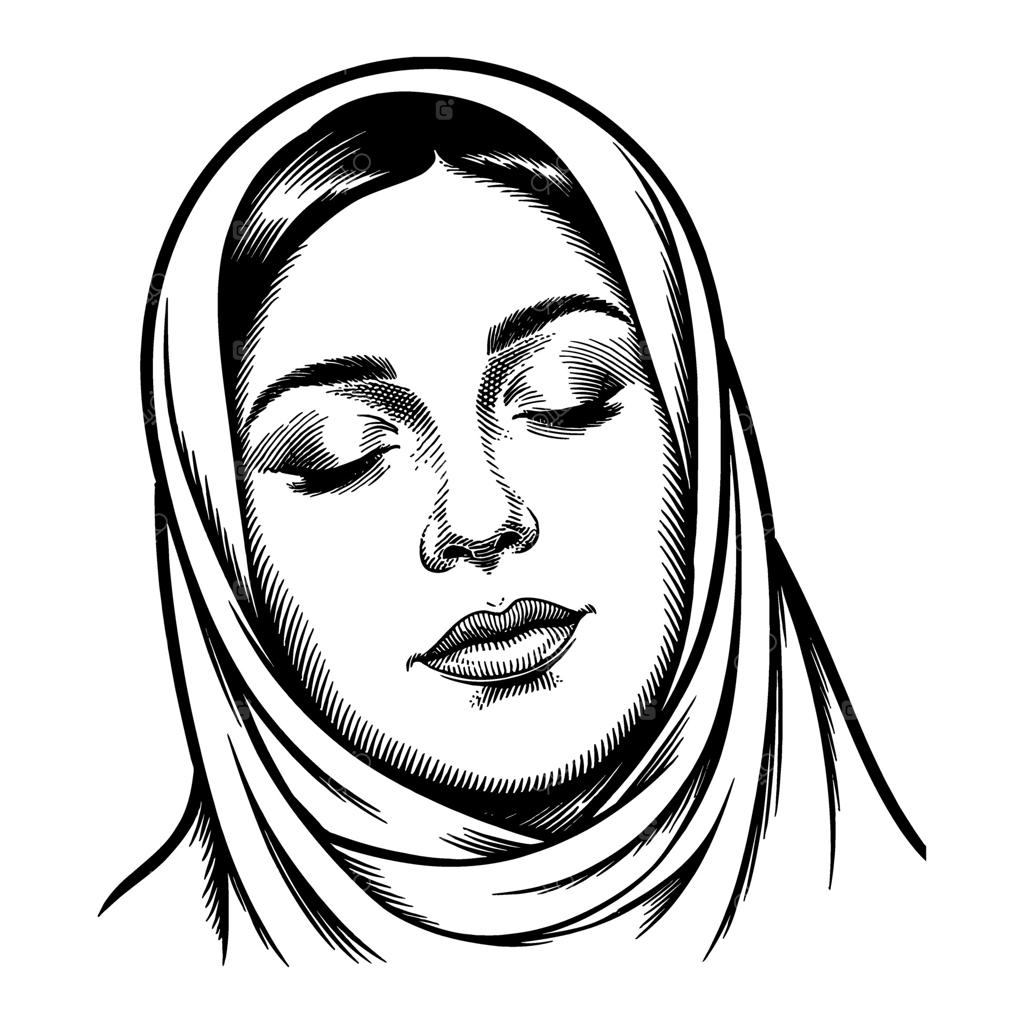 طراحی خطی سیاه و سفید و پرجزئیات چهره آرام دختر باحجاب با چشمان بسته