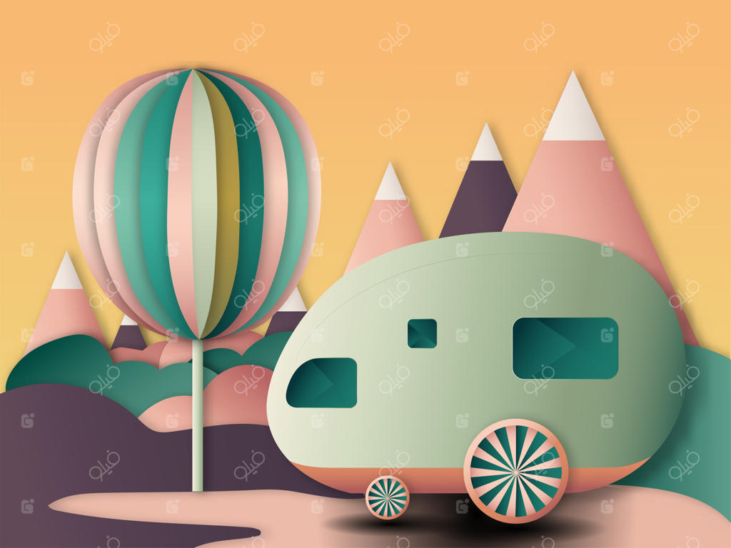 کمپر ون کاغذی در پس‌زمینه منظره کوهستانی رنگارنگ