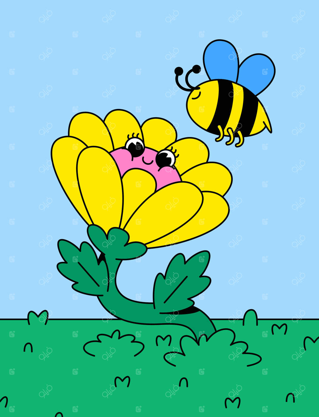 تصویرسازی شخصیت کارتونی گل آفتابگردان و زنبور در باغچه