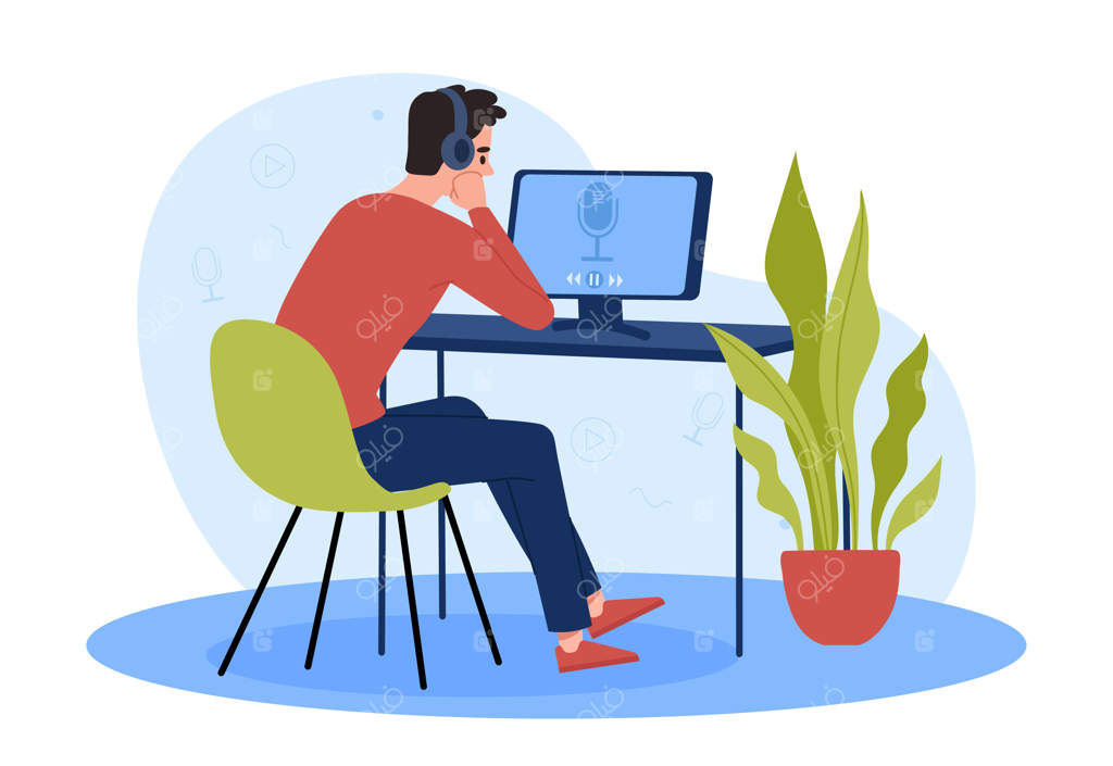 گوش دادن به پادکست صوتی: جوانی با هدفون در مقابل مانیتور دوره‌های الکترونیکی نشسته است و