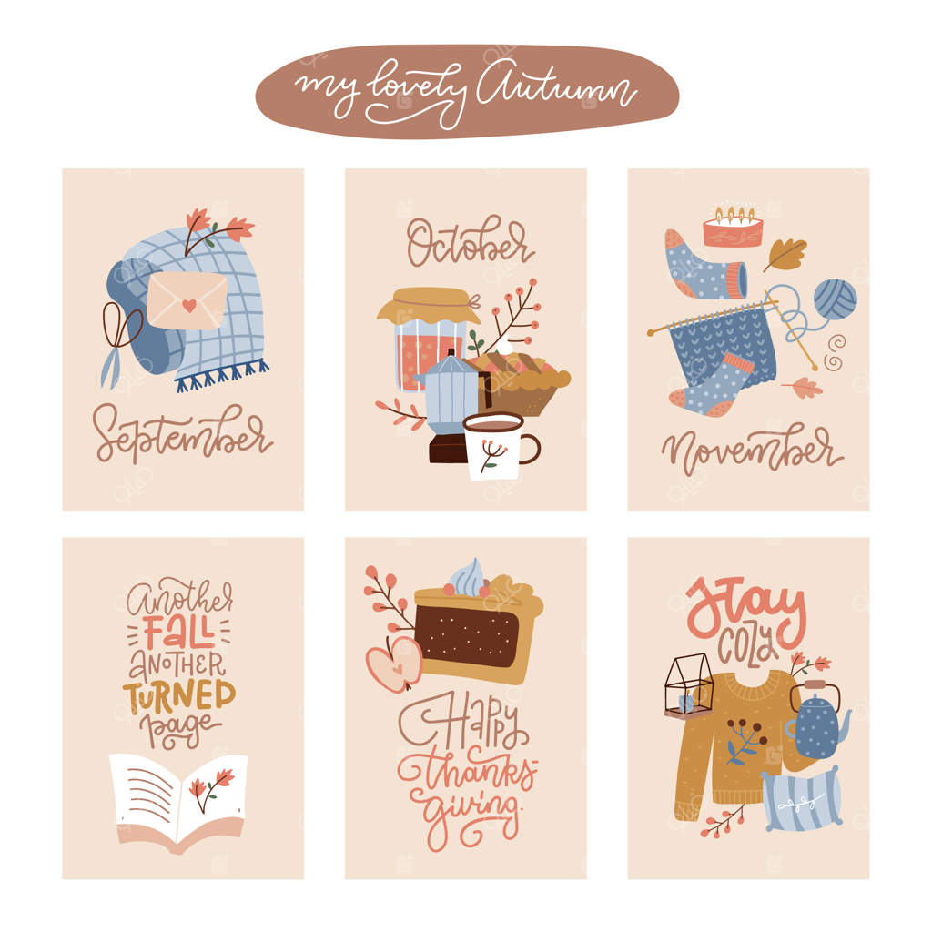 مجموعه‌ای از پوسترها و کارت‌های دست‌کشیده پاییزی برای طراحی تبریک‌های شکرگزاری و فصلی