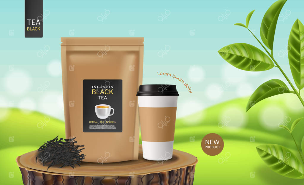 تصویرسازی واقع‌گرایانه وکتور چای کیسه‌ای سیاه: ماکت سه‌بعدی و جزئیات محصول