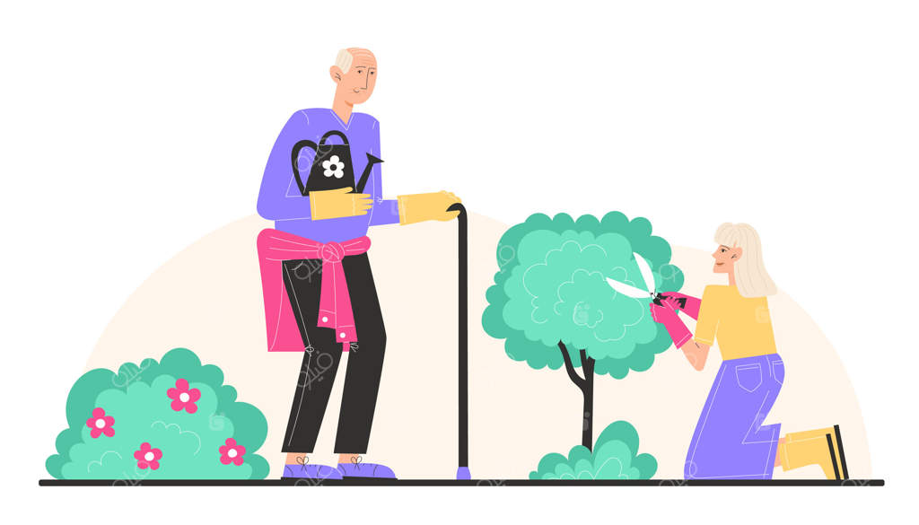 پدربزرگی با عصا و مادربزرگی با آب‌پاش در باغ ایستاده‌اند