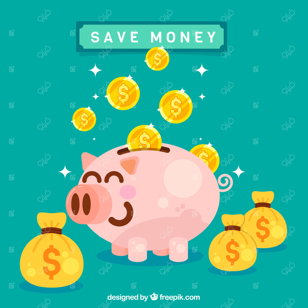 قلک خنده‌دار با کیسه‌های پول و سکه‌ها در پس‌زمینه