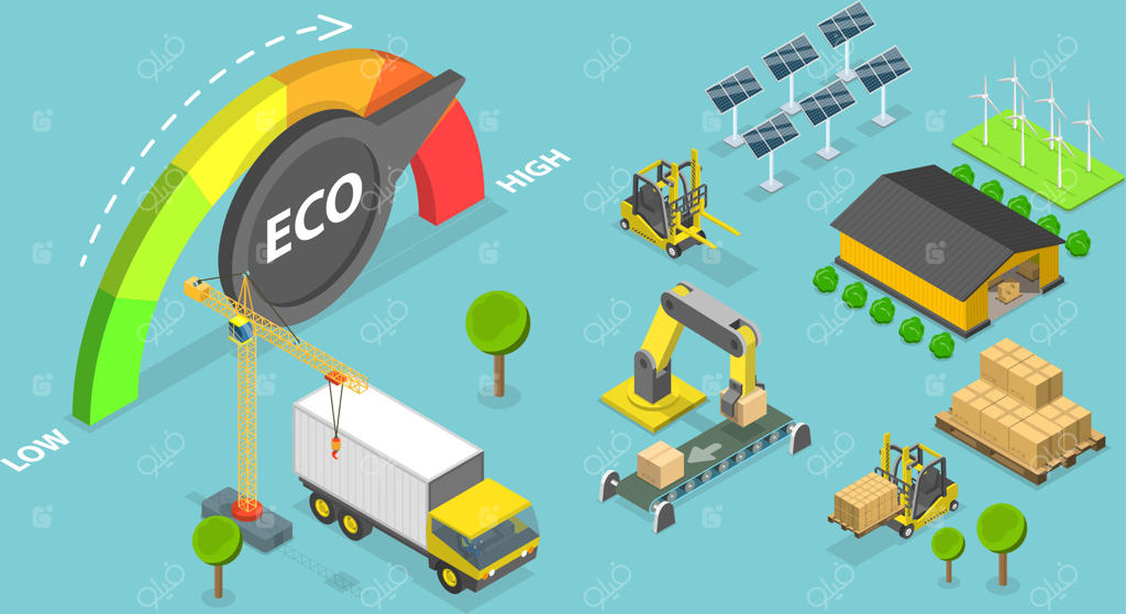 تصویر مفهومی ایزومتریک سه‌بعدی از بهره‌وری زیست‌محیطی در کارخانه