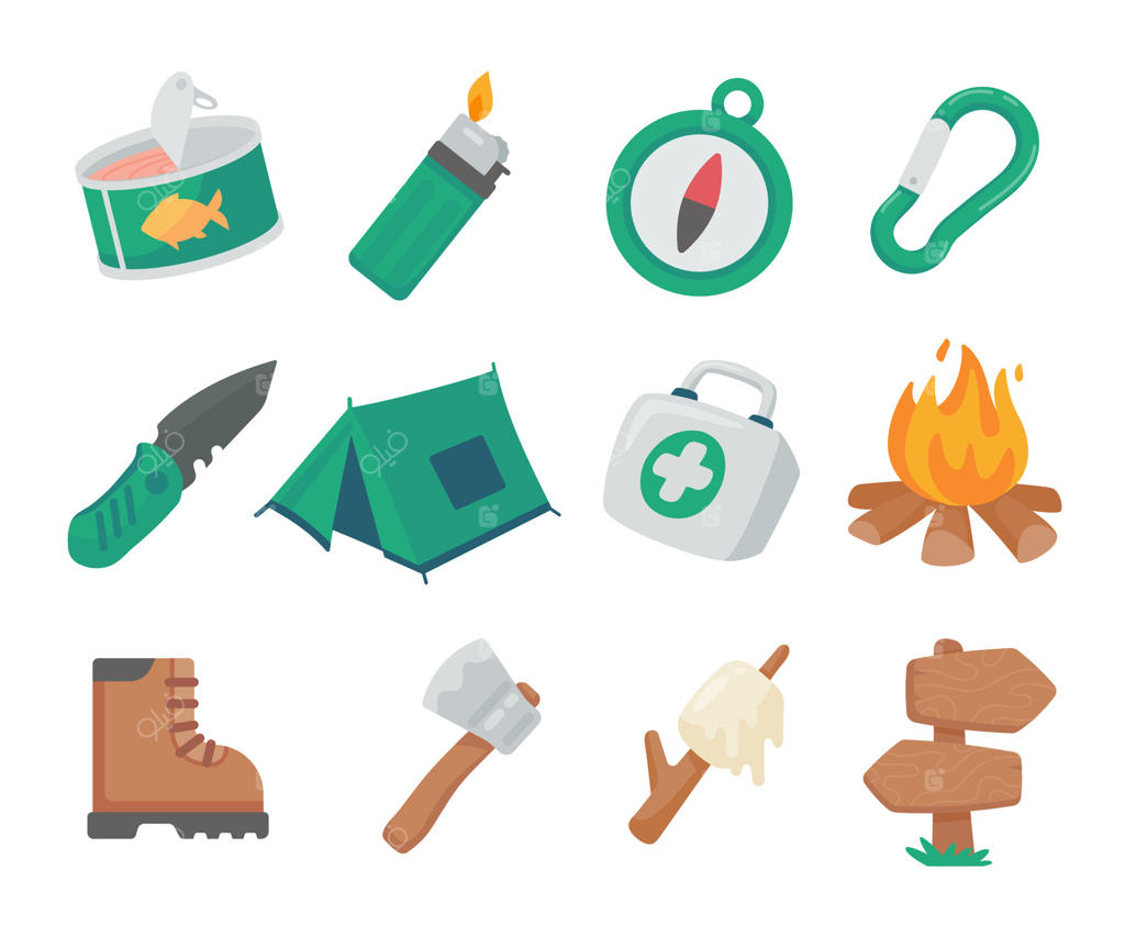 مجموعه المان‌های کمپینگ؛ چادر، آتش و تجهیزات استراحت در جنگل