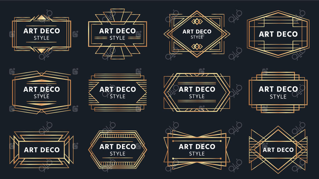 نشان‌های طلایی دکو آرت. برچسب با قاب طلایی، نشان‌های تزئینی و مجموعه‌ای از قاب‌های هندسی وکتور