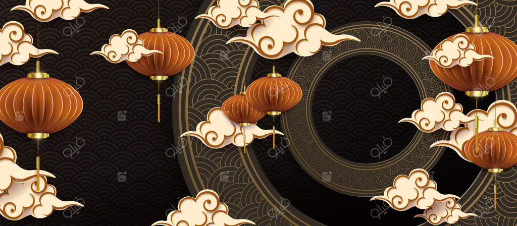 قاب گرد با ابرها و فانوس‌های قهوه‌ای در پس‌زمینه تاریک به سبک هنر کاغذی