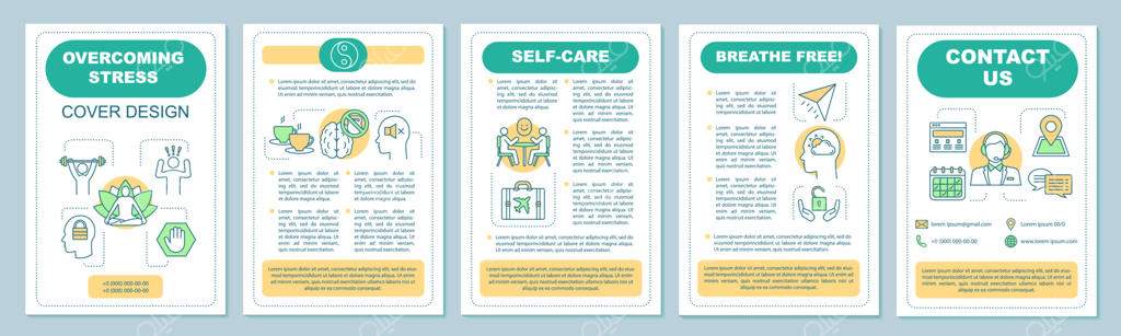 قالب لایه باز بروشور با موضوع غلبه بر استرس و کنترل احساسات؛ طراحی تراکت، کتابچه و لیفلت با تصویرسازی‌های خطی سلامت روان؛ طرح وکتور صفحه‌آرایی برای مجله، گزارش سالانه و پوستر