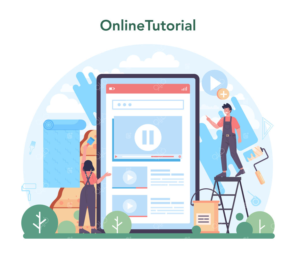کارگر سرویس آنلاین کاغذ دیواری: نصب حرفه‌ای کاغذ دیواری توسط کارگر با لباس فرم - راهنمای تعمیر خانه آنلاین وکتور مجزا.