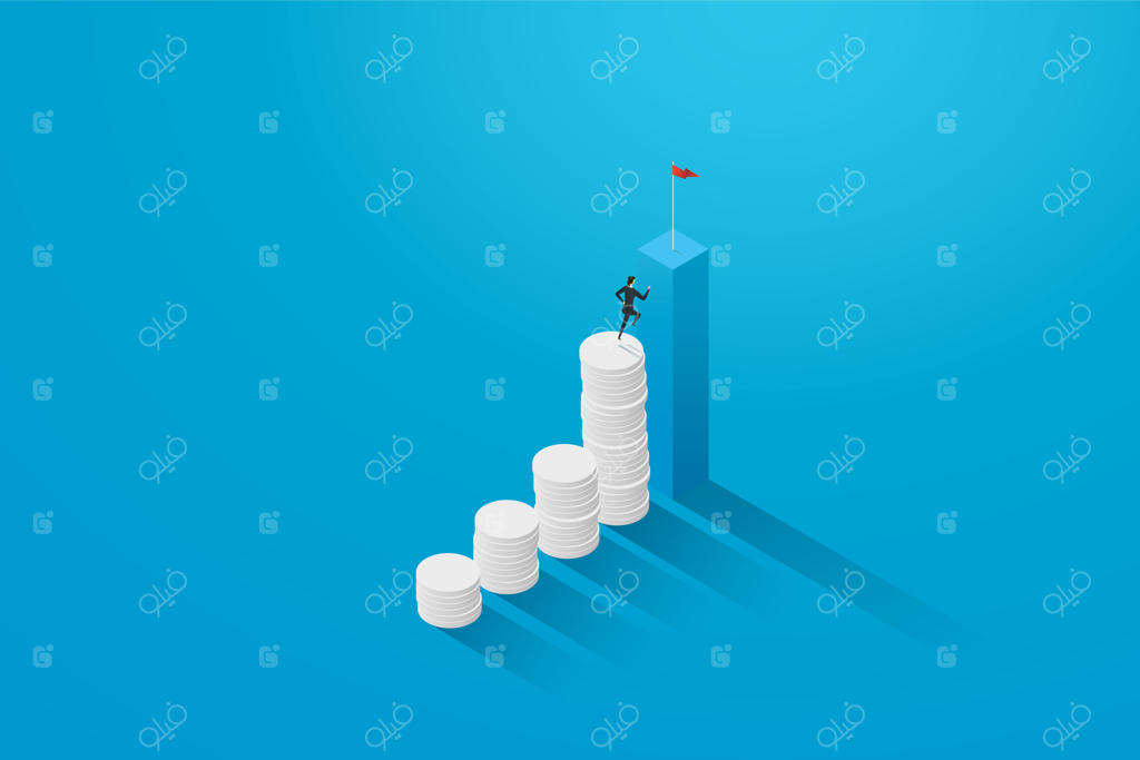 زن تاجر در حال دویدن روی نمودار سکه به سمت هدف پرچم است (ایزومتریک)