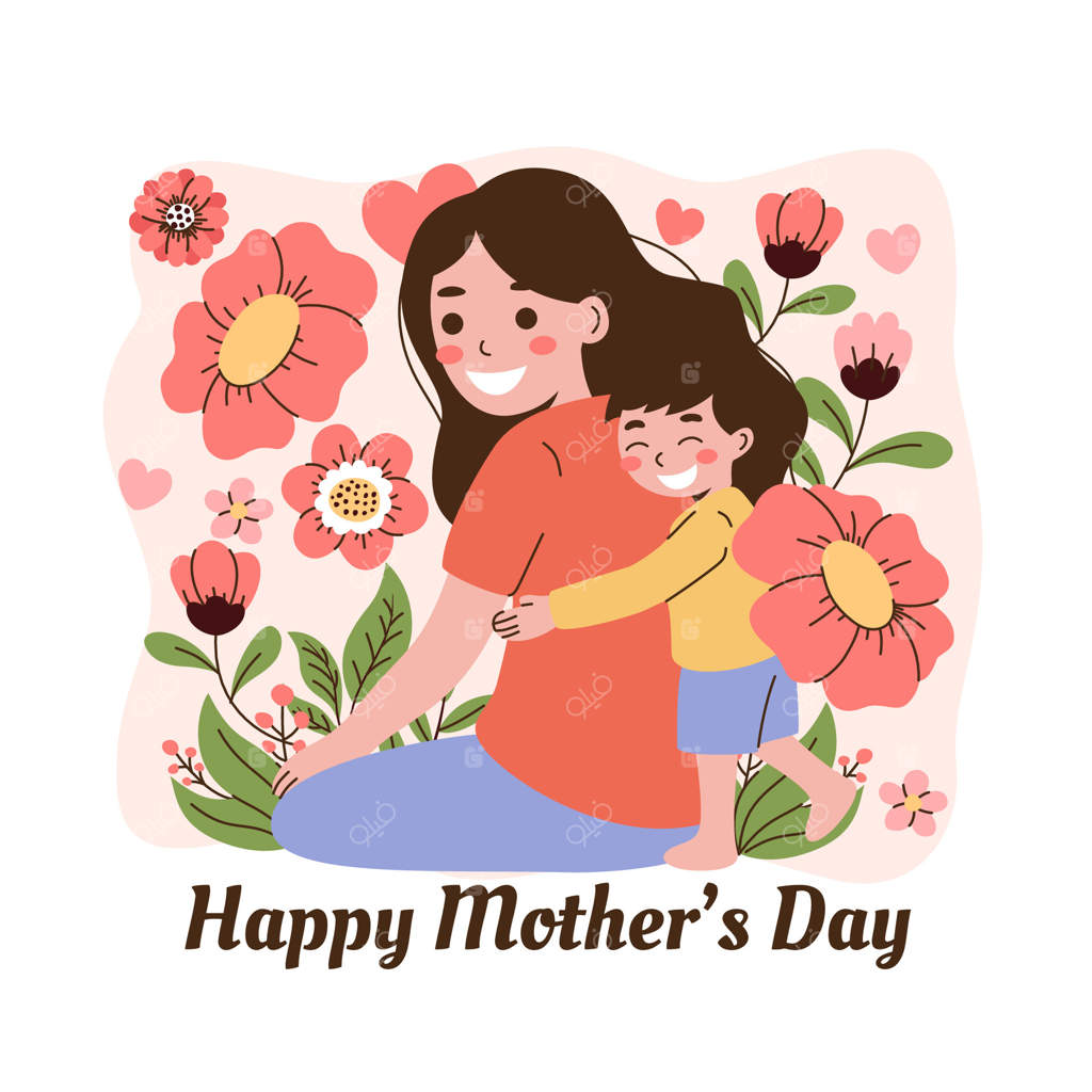 مادر و کودک در باغ همراه با گل‌ها