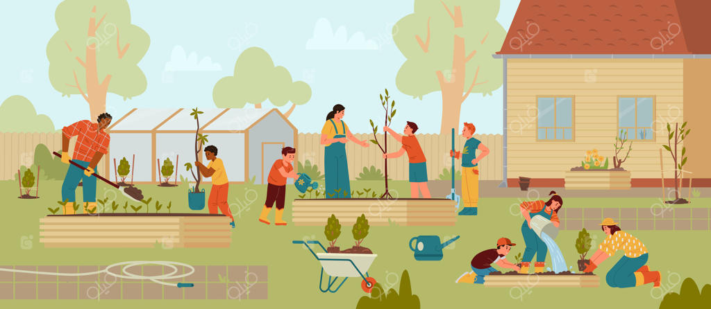 باغبانی معلمان و کودکان در حیاط پشتی: کاشت نهال، کندن زمین، آبیاری. باغ مدرسه با گلخانه و قطعات کشت. تصویرسازی وکتور.