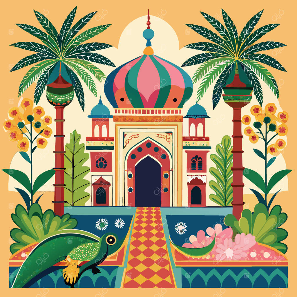 باغ سنتی مغولی با نخل‌ها، طاووس‌ها و جزئیات پیچیده