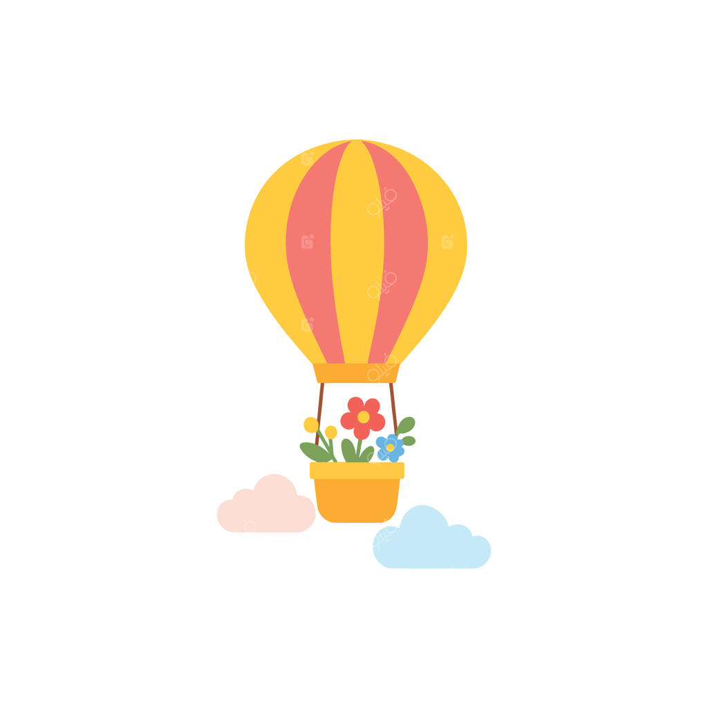 تصویر خیال‌انگیز بالون هوای داغ با گل‌ها در میان ابرها بر روی زمینه سفید