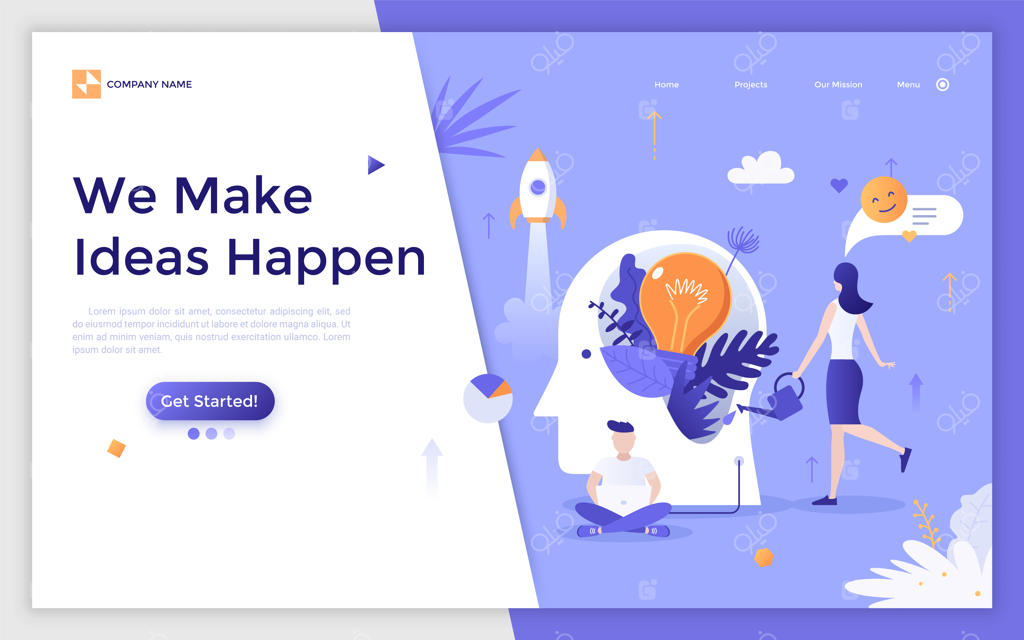 صفحه فرود با مدیران و کارمندان مشغول به کار با لپ‌تاپ و پرورش لامپی که در سر بزرگی رشد می‌کند - خلق ایده، مدیریت خلاق و طوفان فکری (تصویرسازی مدرن وکتور)