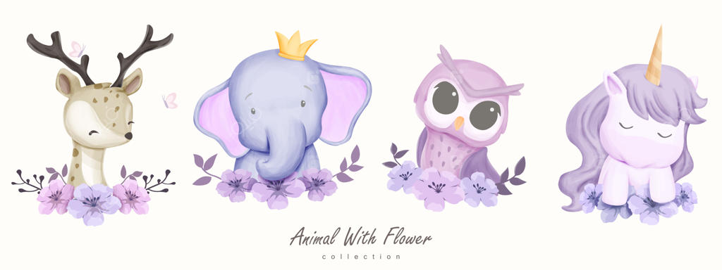 حیوان بامزه با مجموعه‌ای از گل‌ها