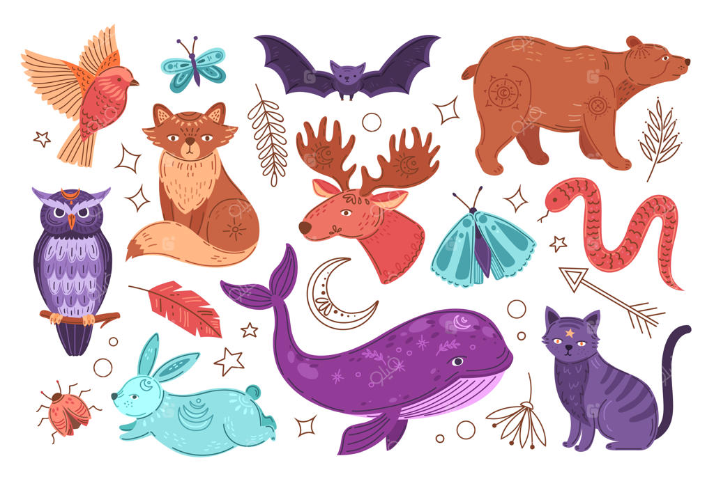 افسانه‌های کیمیاگری حیوانات اسرارآمیز: جغد جادویی، سوسک مدرن و داستان کودکانه‌ای با ماه و کریستال - کاراکترهای دقیق وکتور