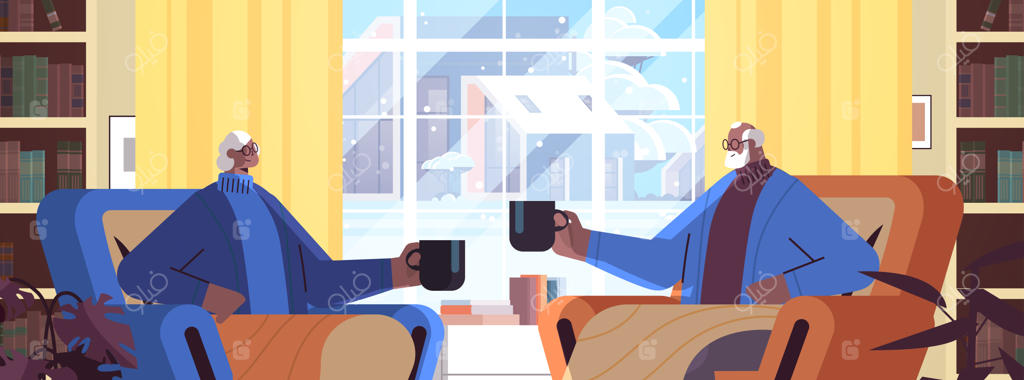 زوج سالخورده آفریقایی-آمریکایی در حال نوشیدن قهوه و گفتگو در اتاق نشیمن خانه