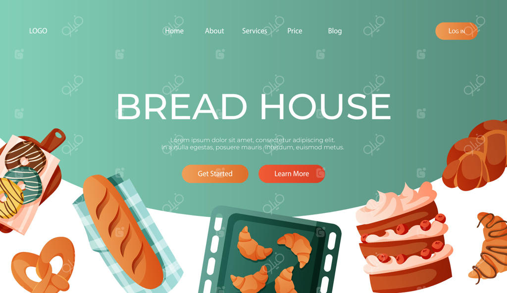 صفحه فرود با شیرینی‌های خمیر. نان خانگی، کروسان، پریتزل، کیک، باگت، کاپ‌کیک، دونات. پخت، نانوایی، آشپزی، شیرینی، دسر. مناسب برای بنر و وبسایت.