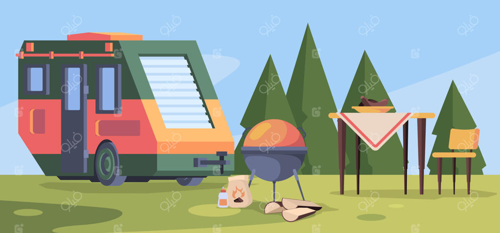 سفر با ماشین در جاده: کاوشگران کمپینگ و ماجراجویی‌های جاده‌ای با کاروان و باربیکیو سیار (تصاویر کارتونی).