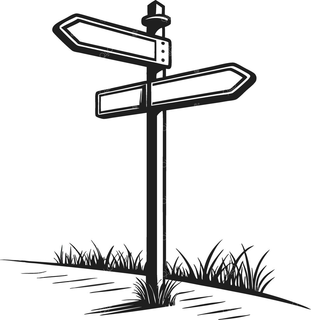 تابلوی جهت‌نمای خالی روی چمن با مفهوم مسیریابی و تصمیم‌گیری