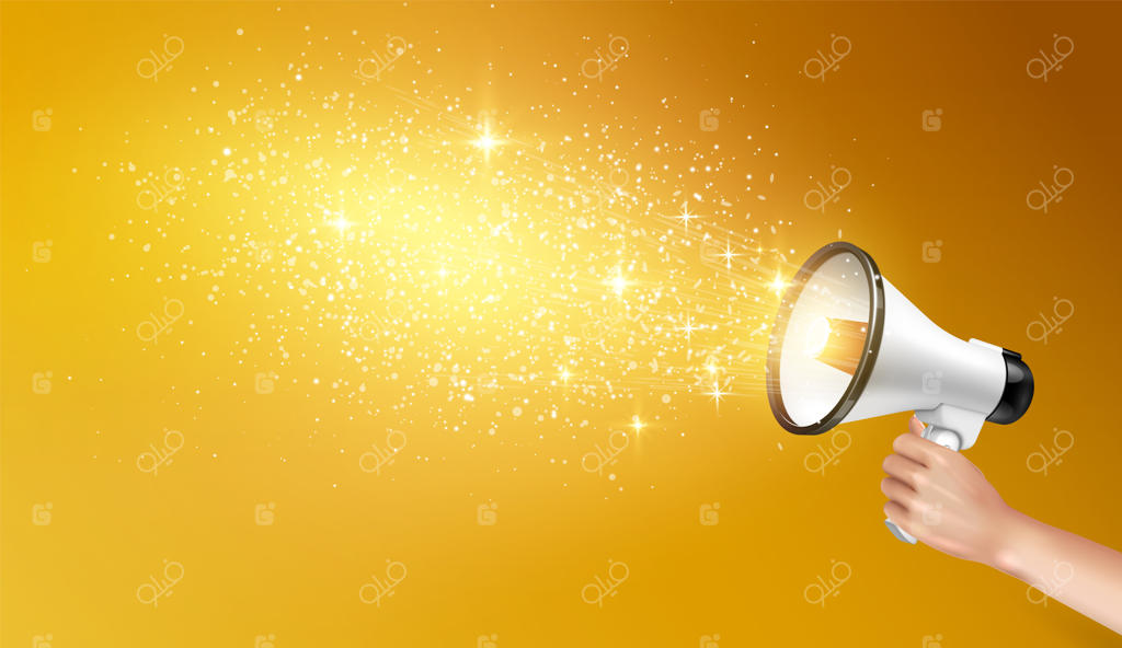 پس‌زمینه بلندگوی دستی با ستاره‌های درخشان و ذرات طلایی