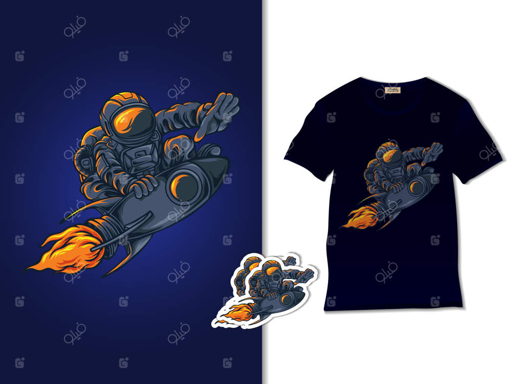 طرح دستی فضانورد روی موشک با طراحی تی شرت
