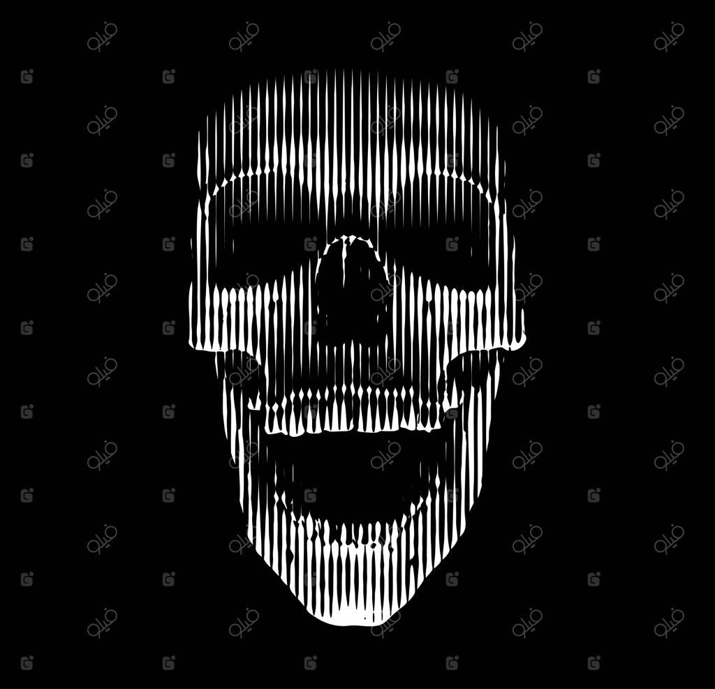 خطوط هنر برداری از جمجمه سه‌بعدی با نورپردازی ترسناک از زیر، نمای روبه‌رو - خطوط عمودی سفید روی زمینه سیاه، ایده‌آل برای هالووین و نمایش گرافیکی ساده