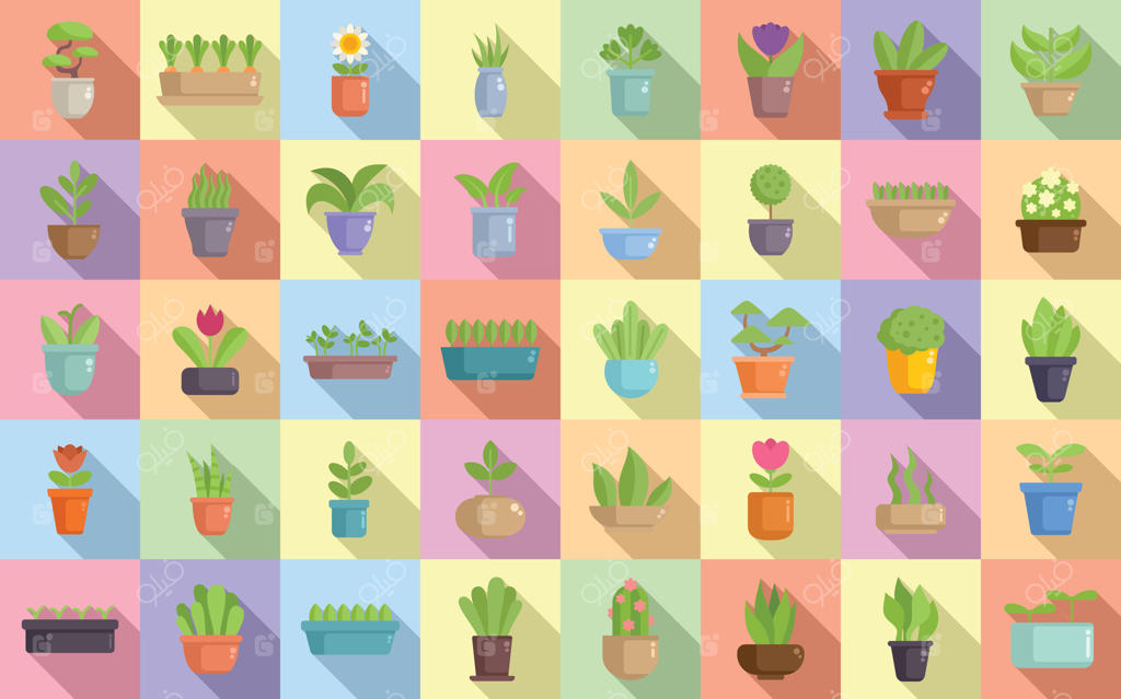 مجموعه آیکون‌های باغچه روی طاقچه پنجره: گیاهان آپارتمانی گلدار