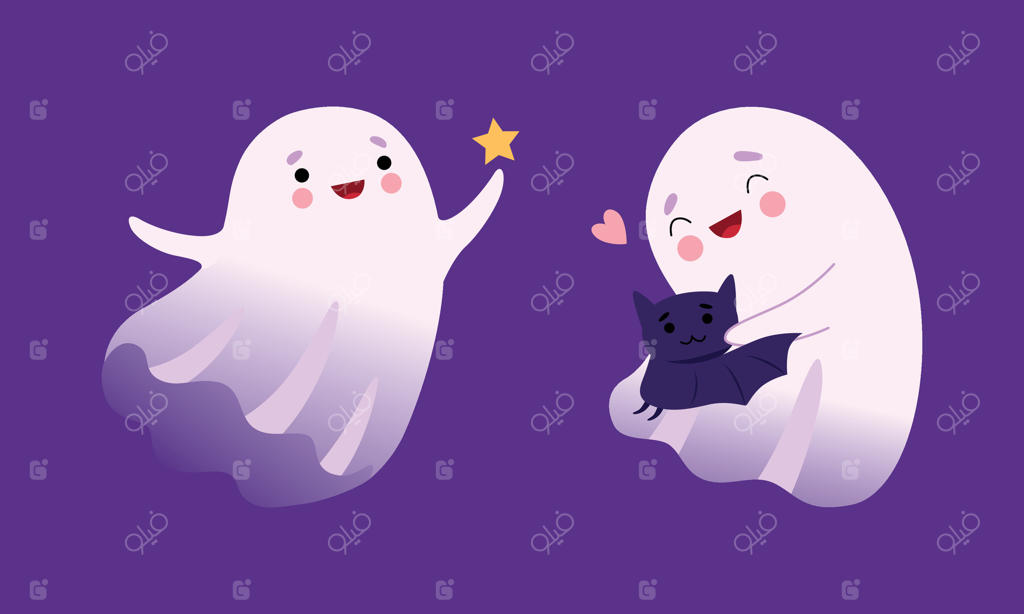 روح بامزه با چهره‌ای خندان در حال بغل کردن خفاش و نگه داشتن ستاره‌ها