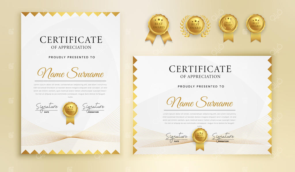 قالب تقدیرنامه با حاشیه طلایی و طرح موجی