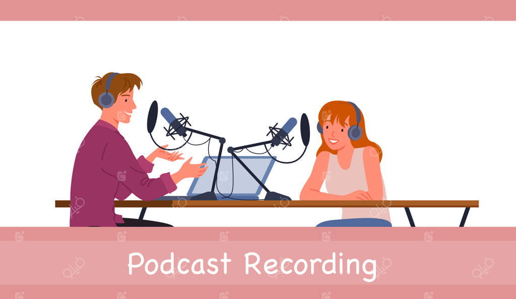 پادکست بلاگر: شخصیت‌های کارتونی زن و مرد در حال انتشار ویدیوهای کوتاه برای بلاگ و ولاگینگ یا استریمینگ