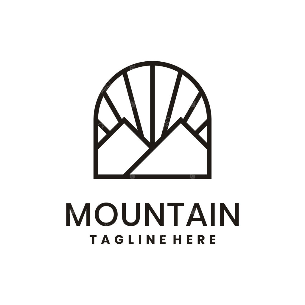 لوگوی مینیمالیستی کوه با اشعه‌های خورشید به سبک خطی