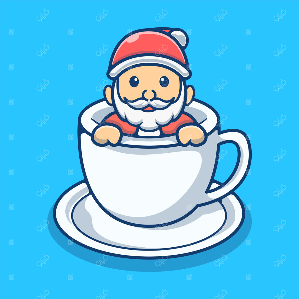 بابا نوئل بامزه در فنجان قهوه. عنصر کریسمس به سبک کارتونی تخت