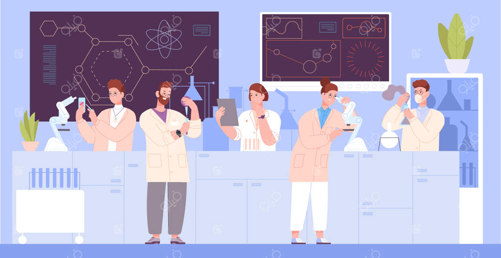 کارکنان علمی در آزمایشگاه تحقیقاتی - تصویر کارتونی دانشمند در آزمایشگاه با تجهیزات علمی، شیمیایی، پزشکی و بیوتکنولوژی