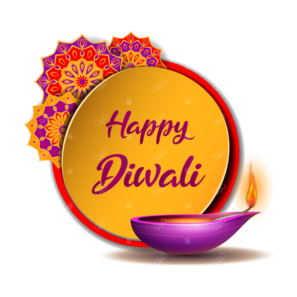 بنر جشن دیوالی با چراغ روشن دیا و طرح رنگولی برای جشنواره نور هند؛ قالب بنر تبریک دیپاوالی با المان‌های تزئینی و چراغ روغنی